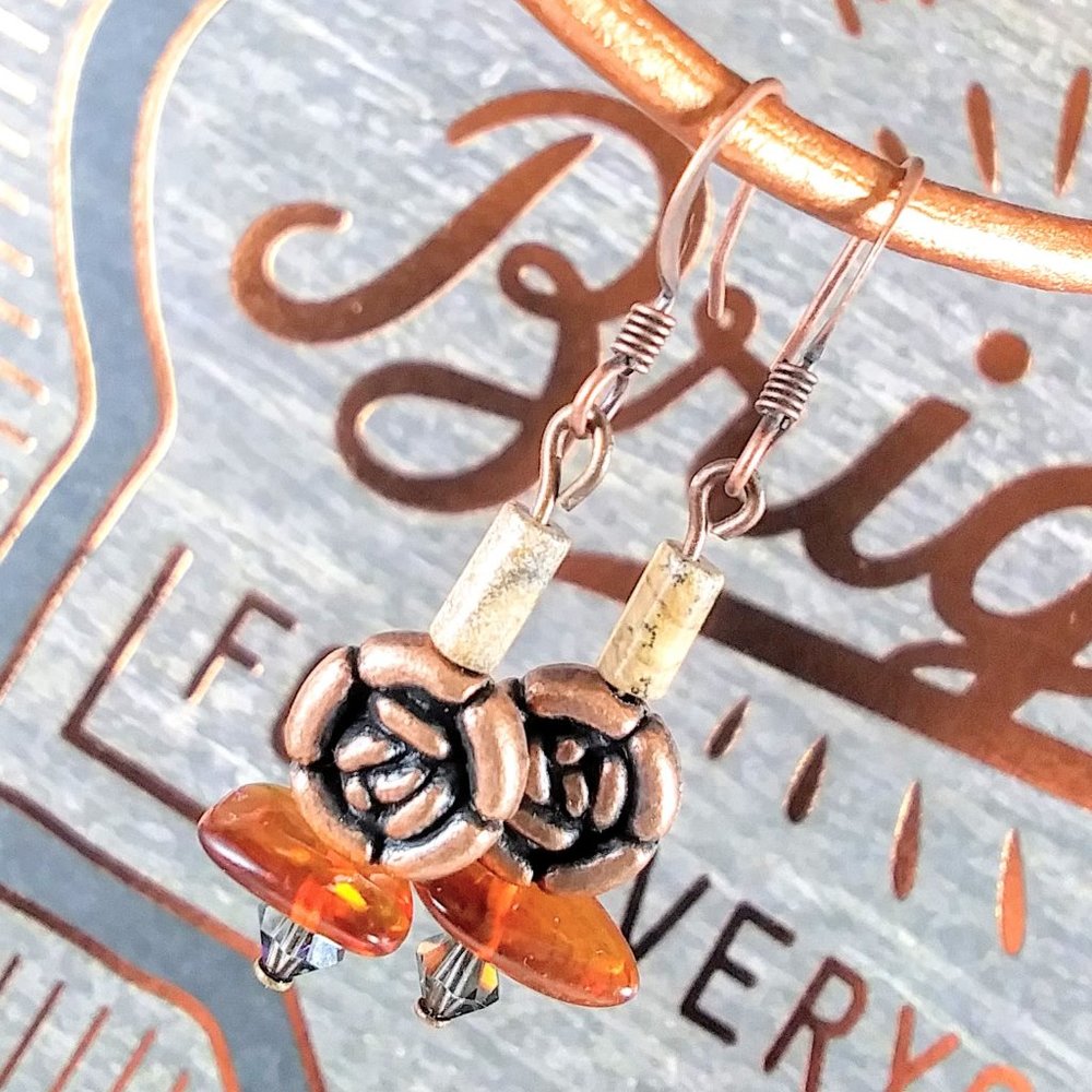 Copper Roses with Amber & Swarovski Earrings